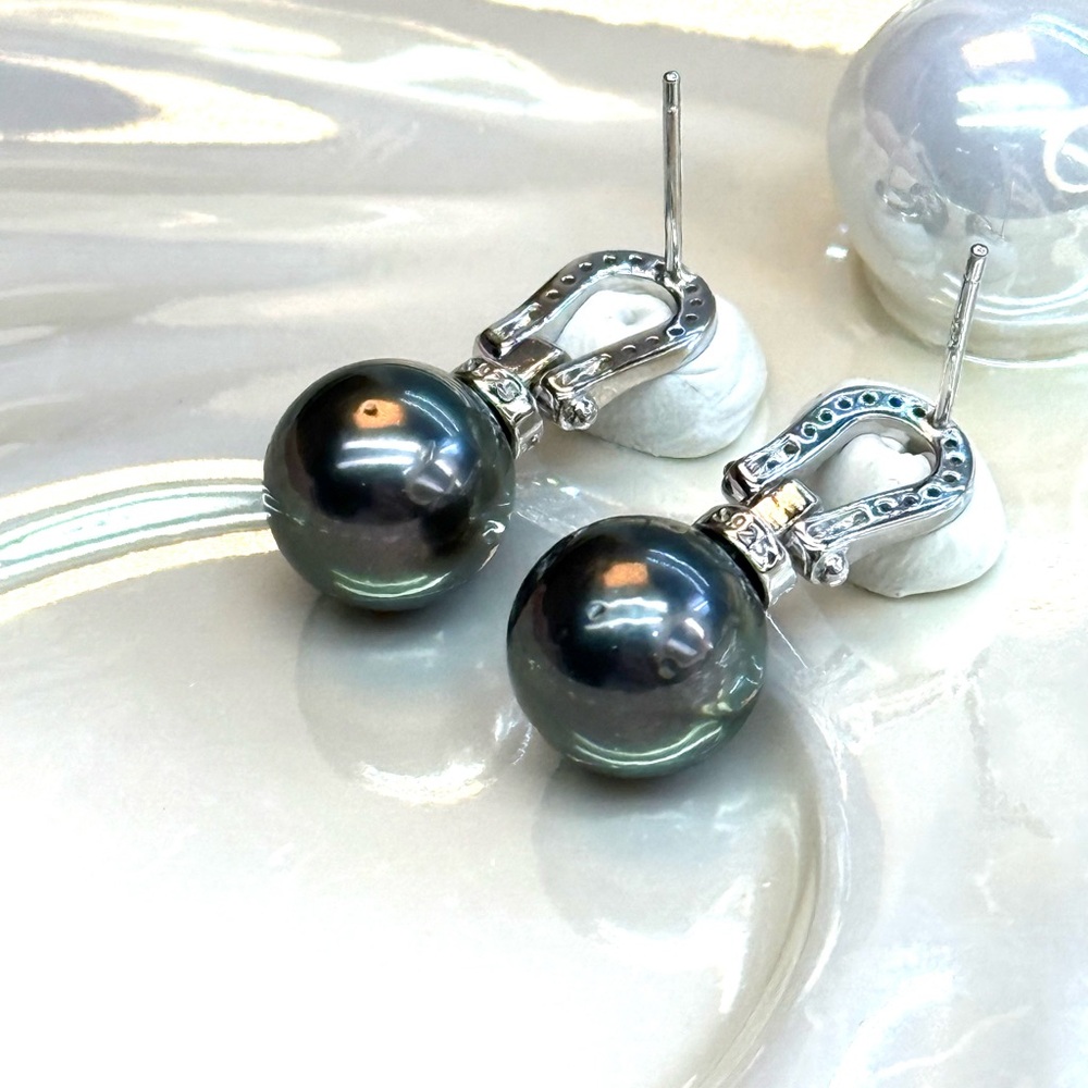 EPT16 Australian Tahitian Charcoal 10-11mm Pearl Horseshoe Earrings 18K WG S925 - Picture 14 of 16